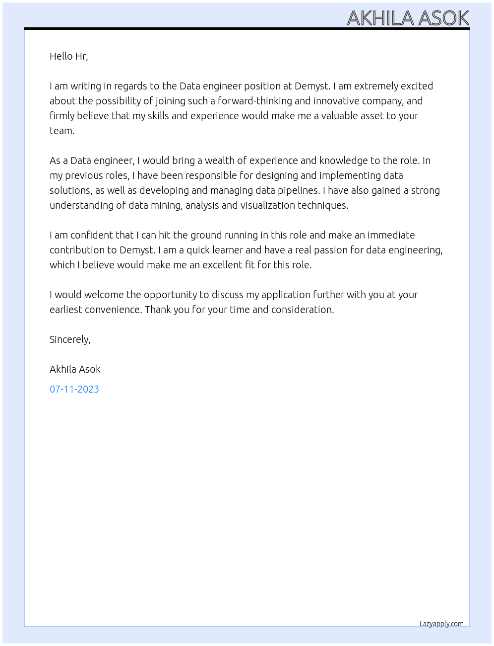 Data engineer At Demyst Cover Letter
