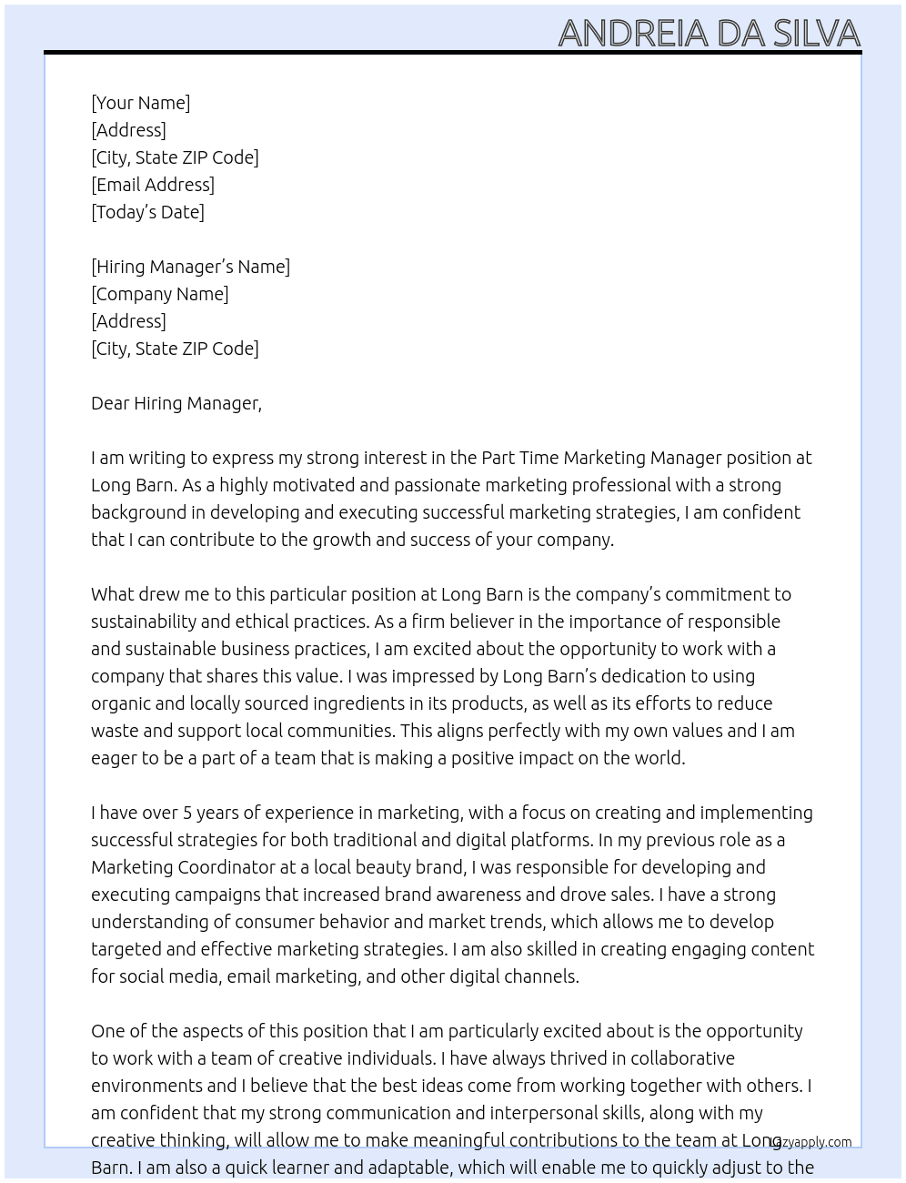 Part Time Marketing Manager  At Long Barn  Cover Letter