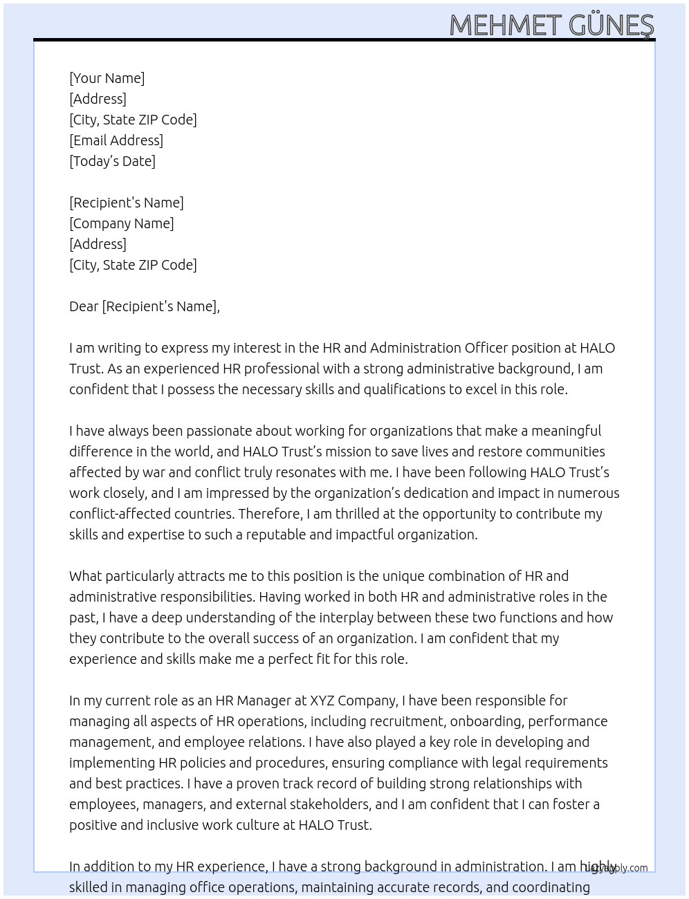 HR and Administration Officer At HALO Trust Cover Letter