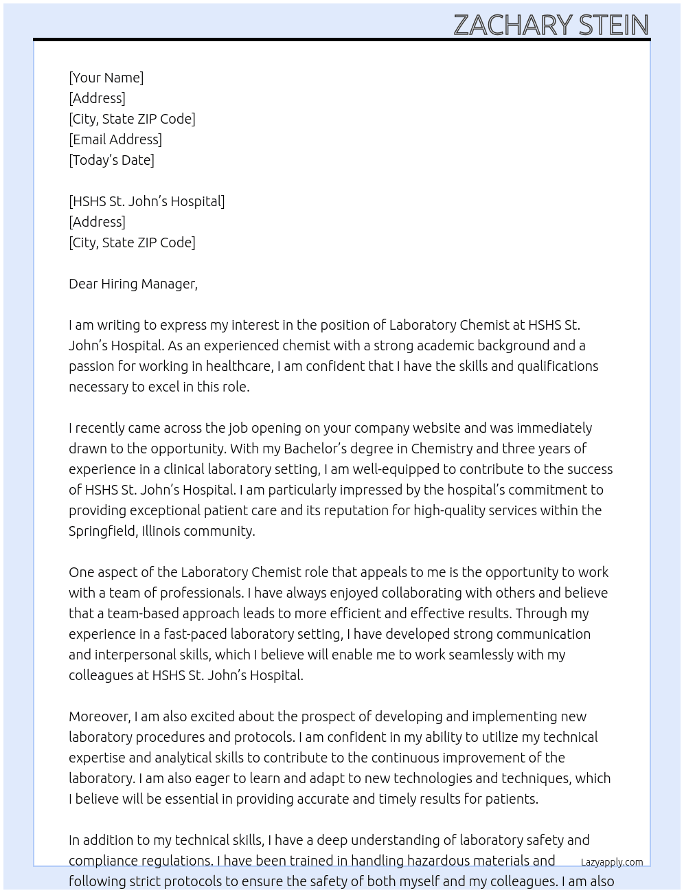 Laboratory Chemist At HSHS St. John’s Hospital Cover Letter