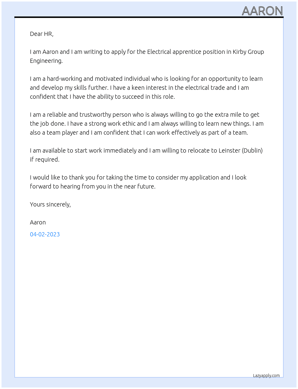 Electrical apprentice  At Kirby Group Engineering  Cover Letter