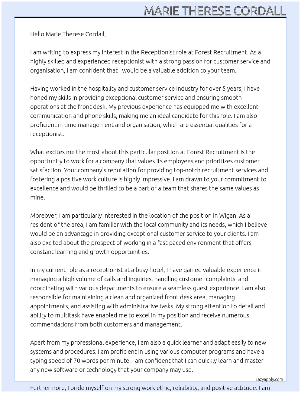 Receptionist  At Forest Recruitment  Cover Letter
