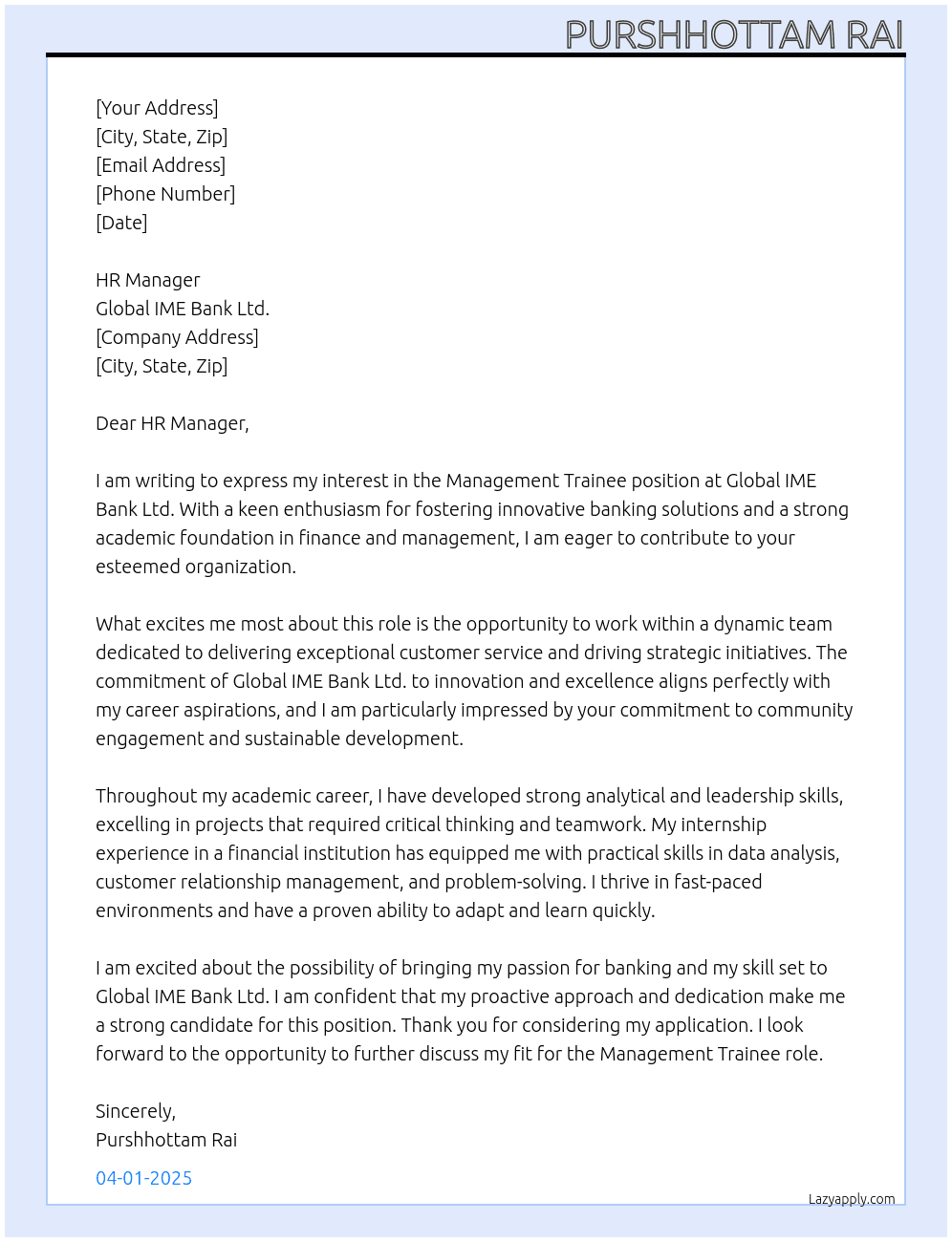 Management Trainee At Global IME Bank Ltd. Cover Letter