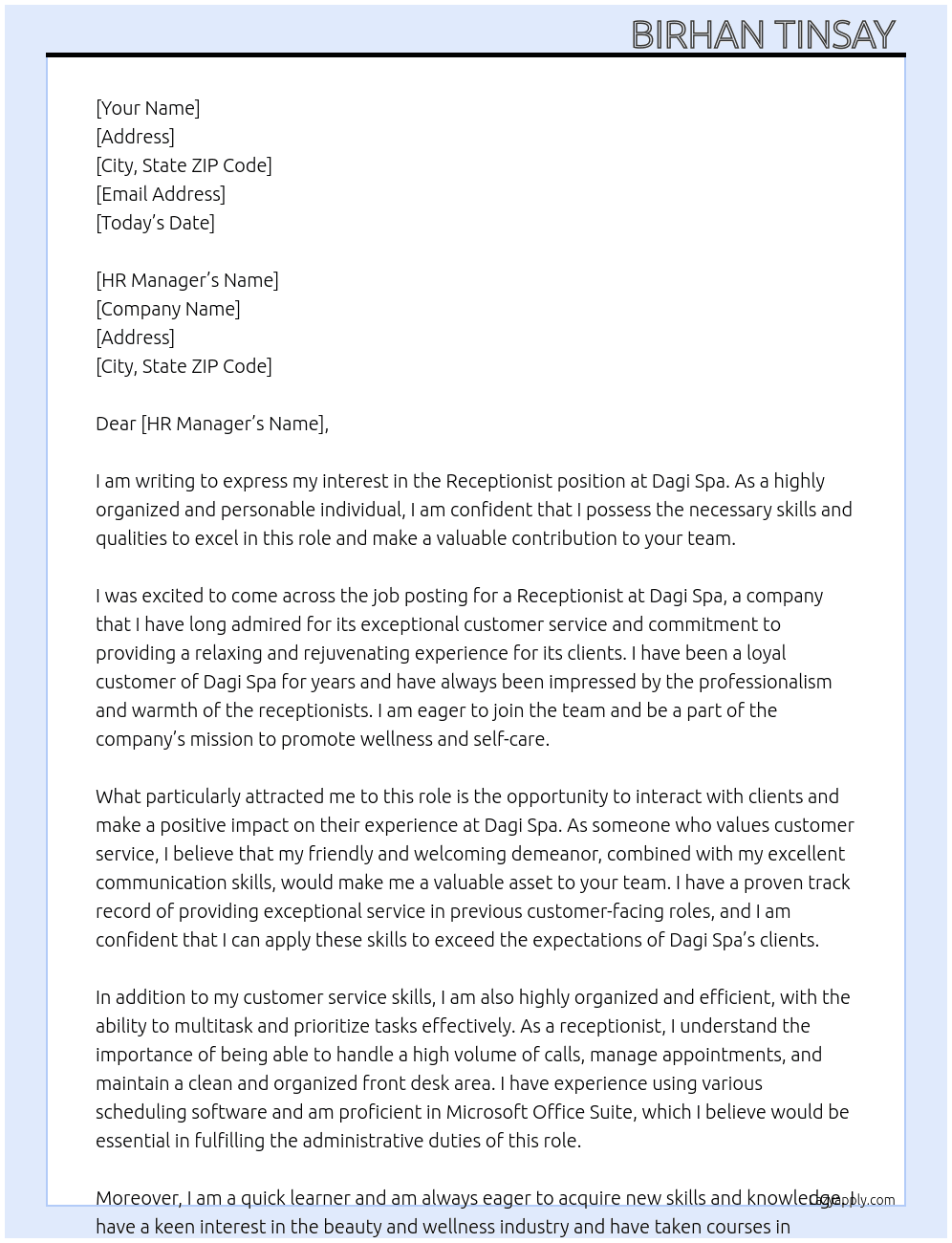 Receptionist  At Dagi spa Cover Letter