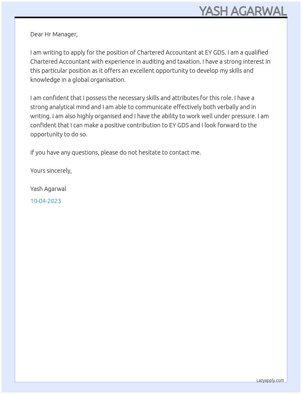 CHARTERED ACCOUNTANT At EY GDS Cover Letter