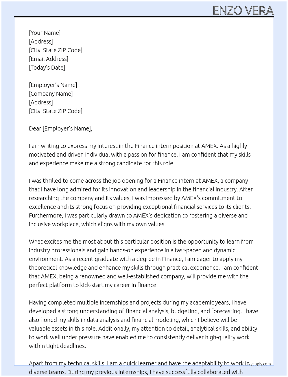 Finance intern At AMEX Cover Letter