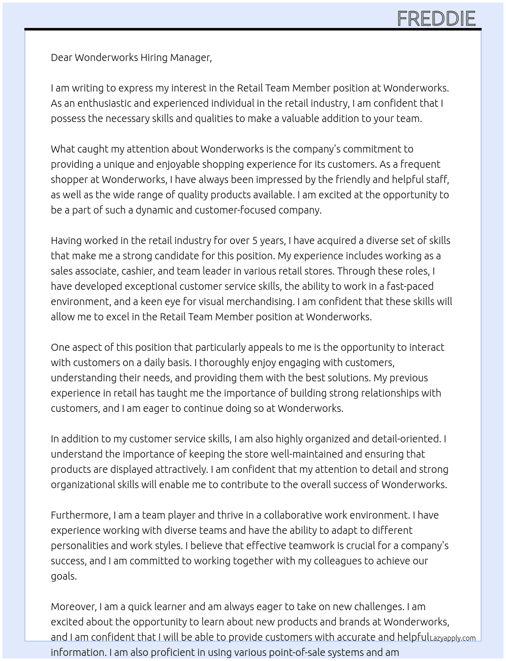 Retail Team Member At Wonderworks Cover Letter
