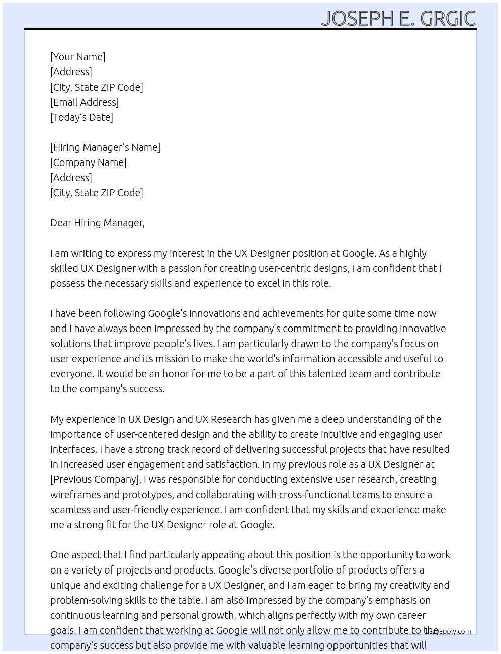 UX Designer At Google  Cover Letter