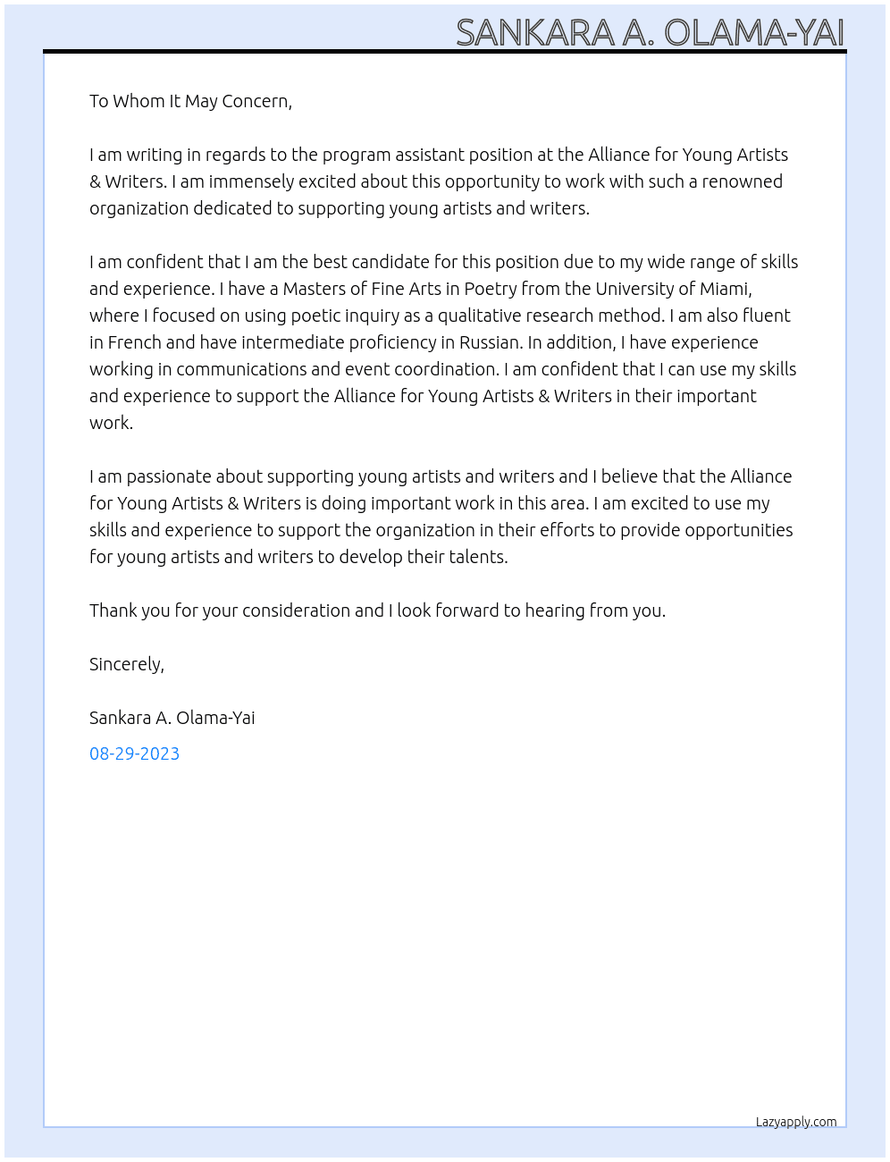Program Assistant At Alliance for Young Artists & Writers Cover Letter