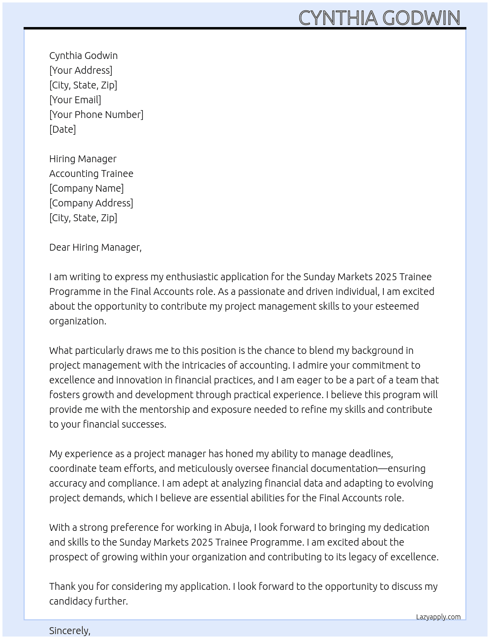 Sunday markets 2025 Trainee programme  At Accounting trainee  Cover Letter