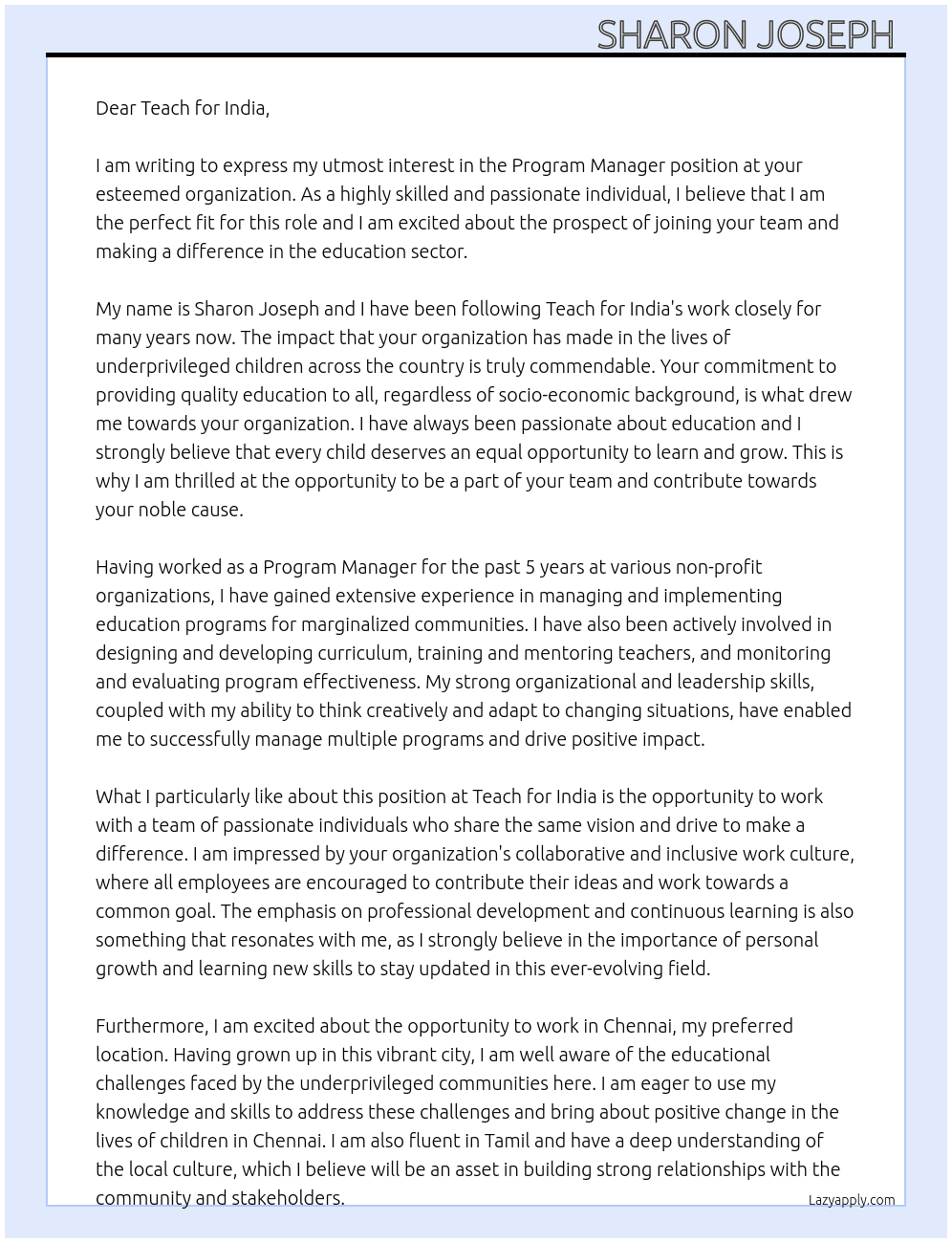 Program Manager  At Teach for India Cover Letter