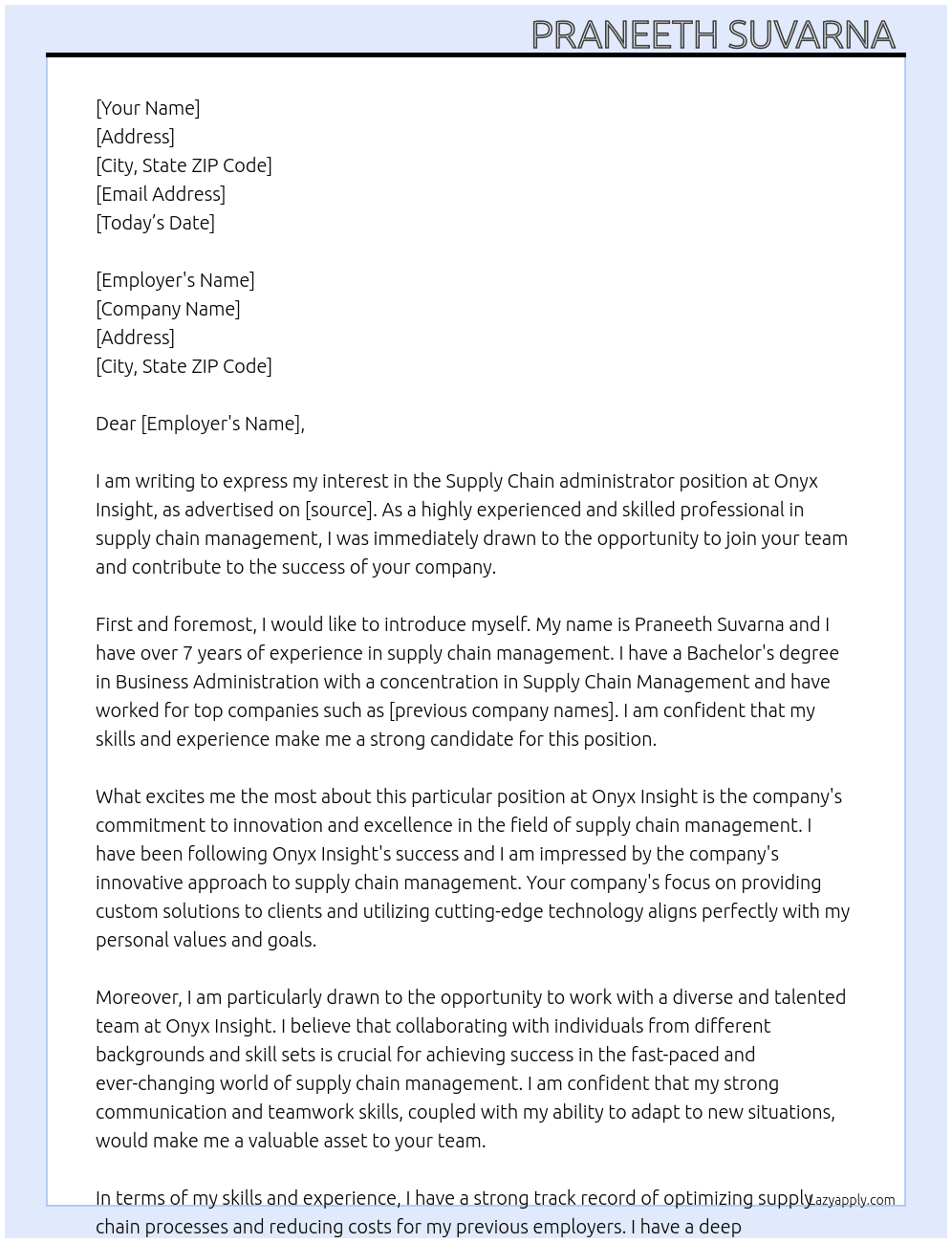 Supply Chain administrator  At Onyx Insight  Cover Letter