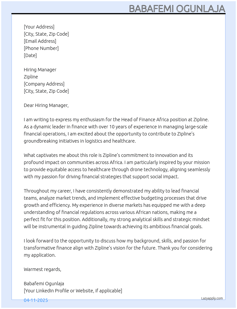 Head of Finance Africa At Zipline Cover Letter