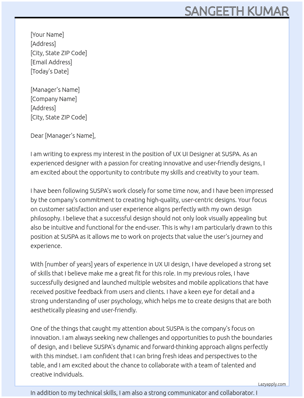 UX UI designer At SUSPA Cover Letter