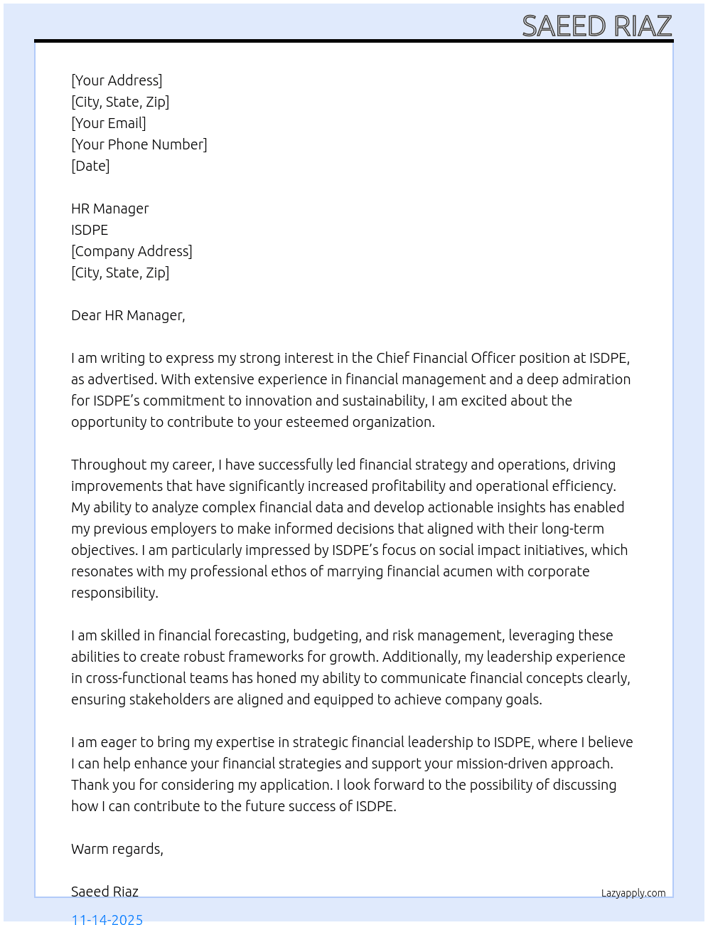 Chief Financial Officer At ISDPE Cover Letter