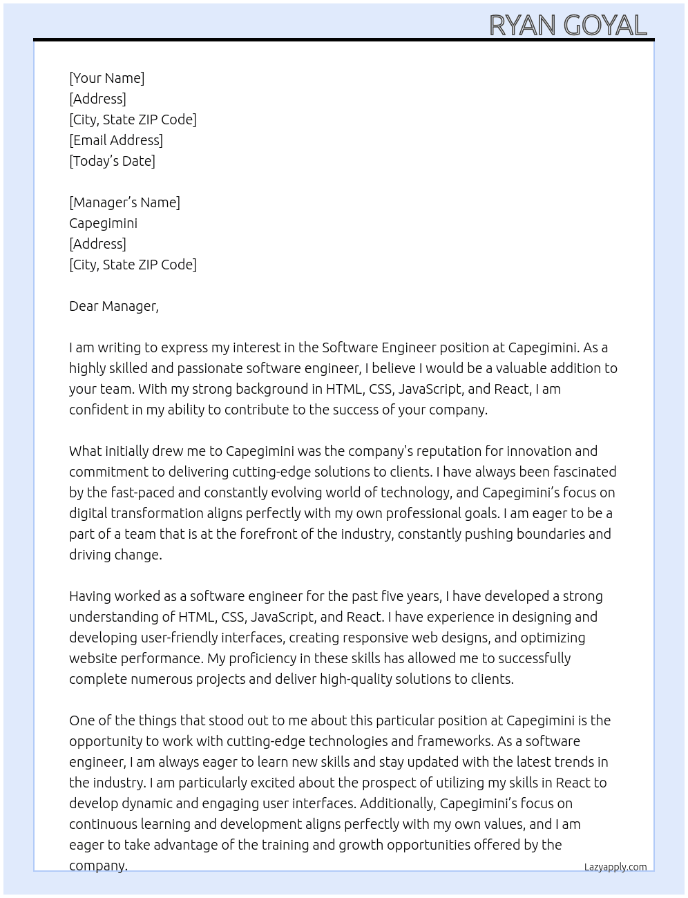 Software Engineer  At Capegimini  Cover Letter