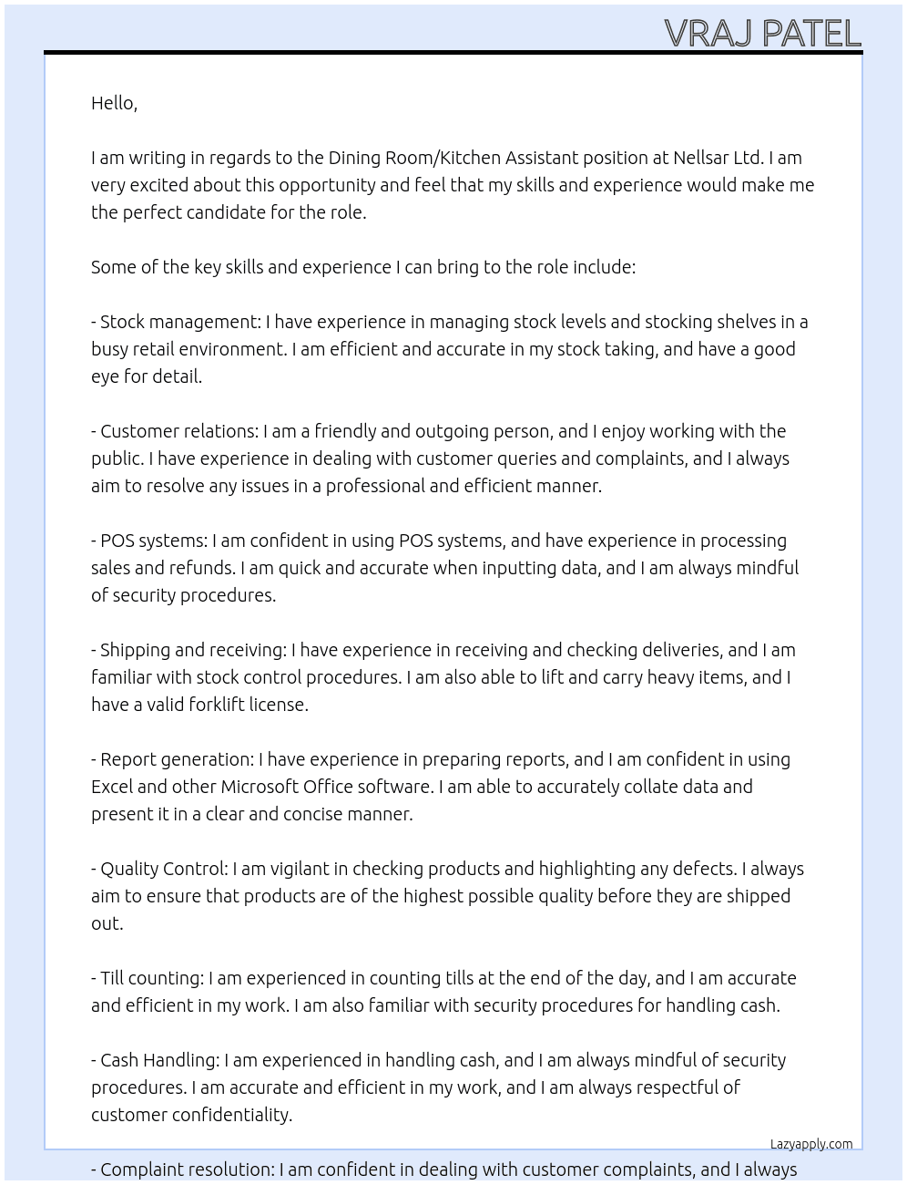 Dining Room/Kitchen Assistant At Nellsar Ltd Cover Letter