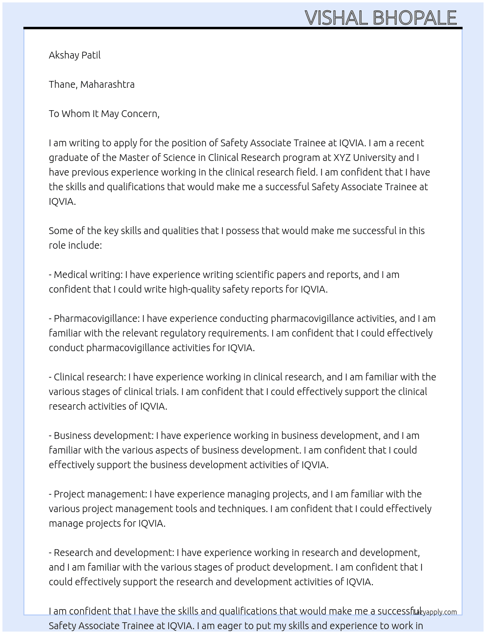 Cover letter for safety associate trainee - LazyApply