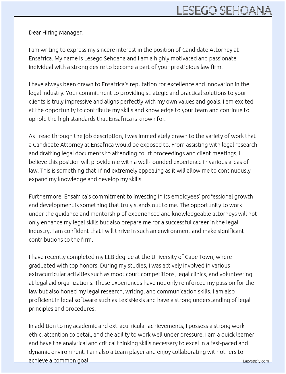 Candidate Attorney At Ensafrica Cover Letter