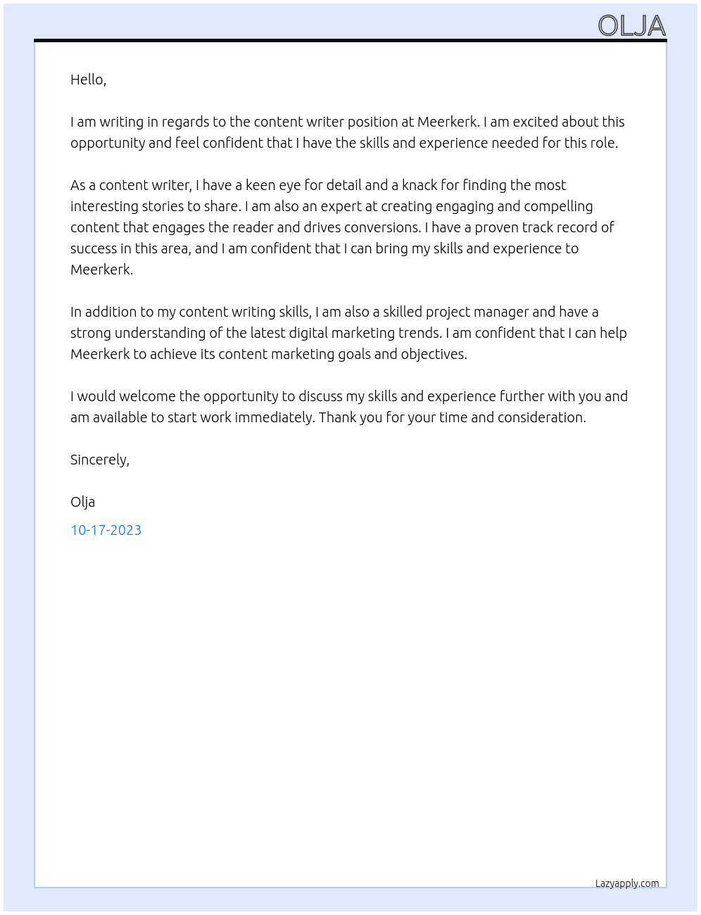 content writer At Meerkerk Cover Letter