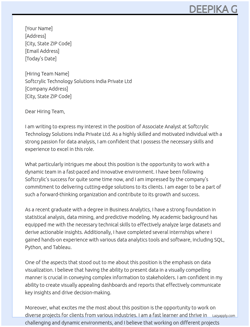 Associate Analyst At Softcrylic technology Solutions India Private ltd Cover Letter