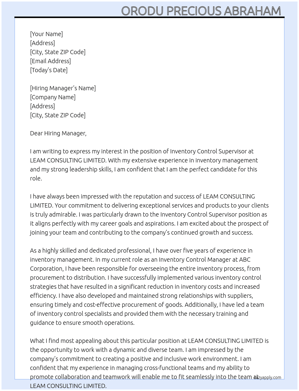 INVENTORY CONTROL SUPERVISOR  At LEAM CONSULTING LIMITED  Cover Letter