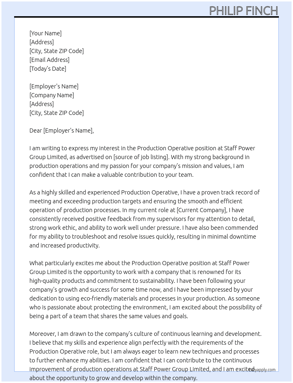 Production Operative At Staff Power Group Limited Cover Letter