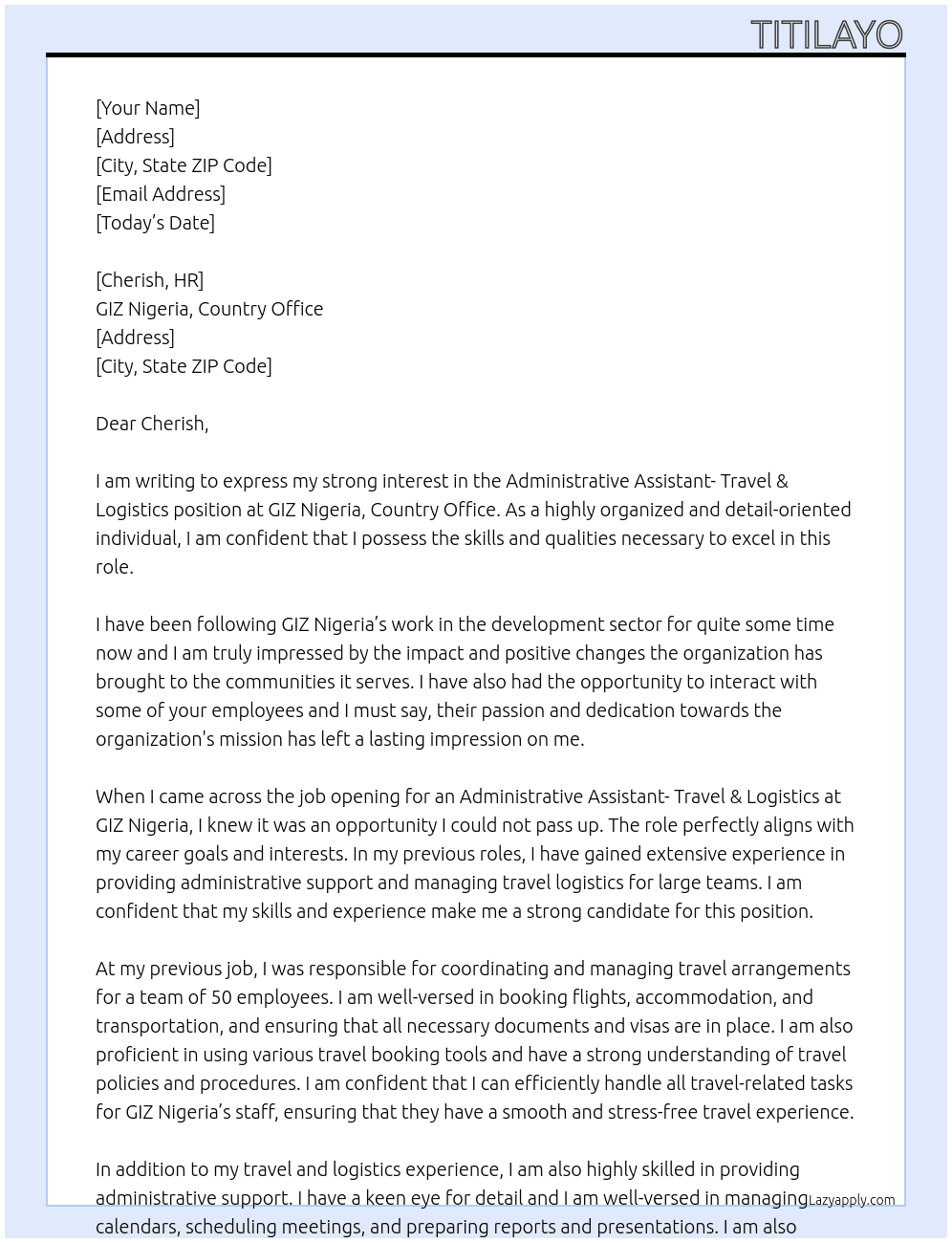 Cover letter for administrative assistant- travel & logistics - LazyApply