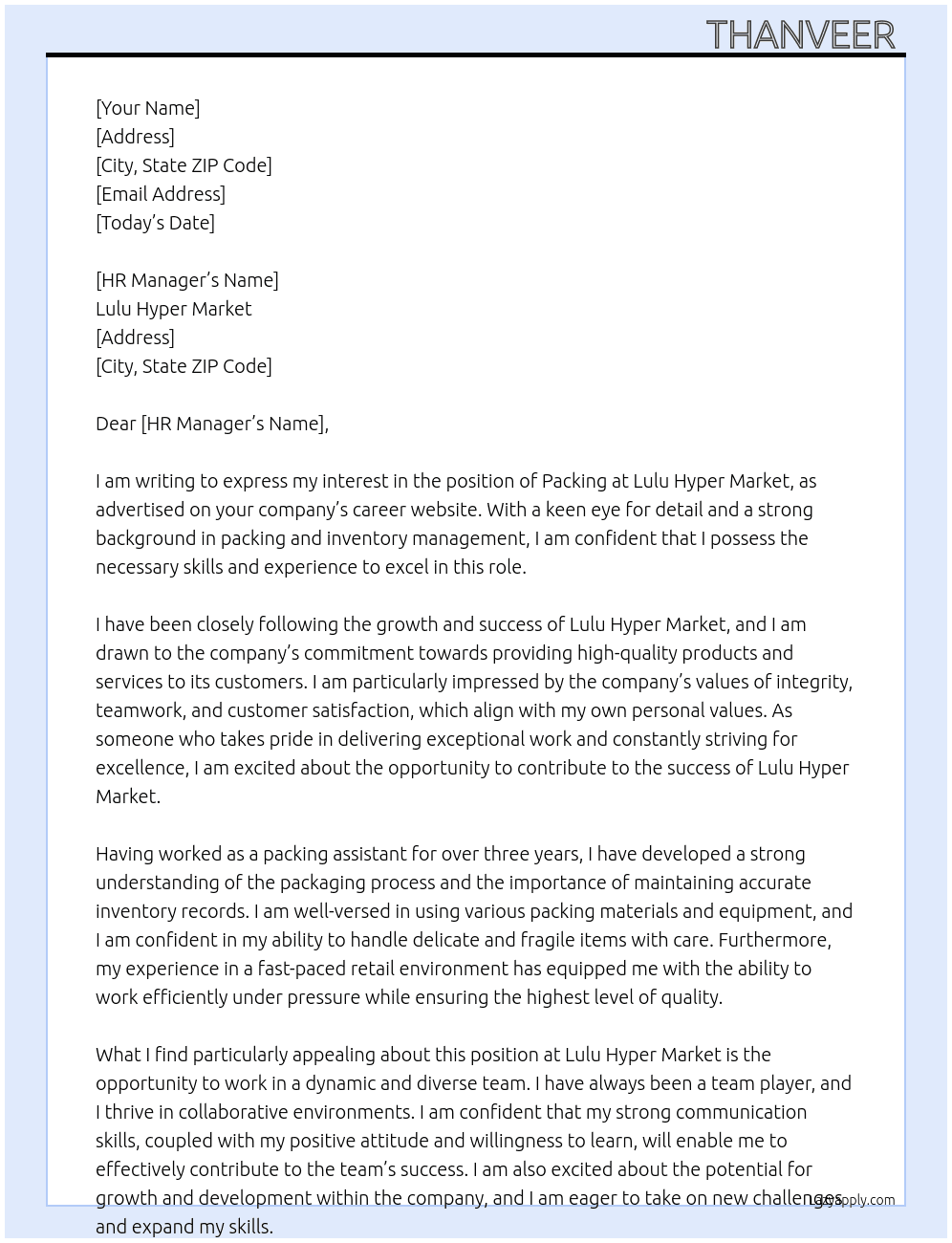 Packing  At Lulu hyper market  Cover Letter