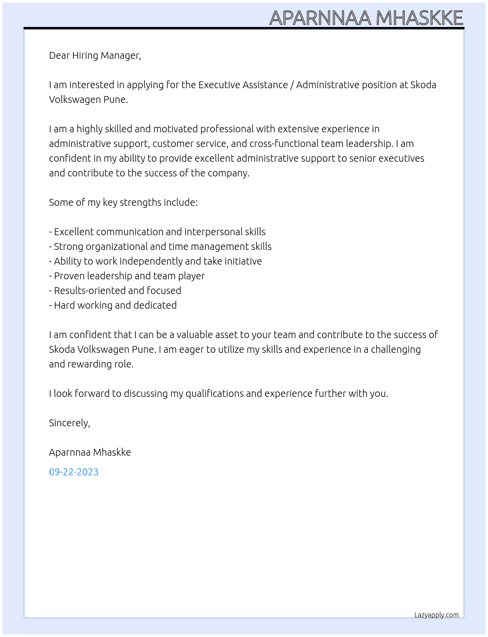 Executive Assistance / Administrative At Skoda Volkswagen Pune Cover Letter