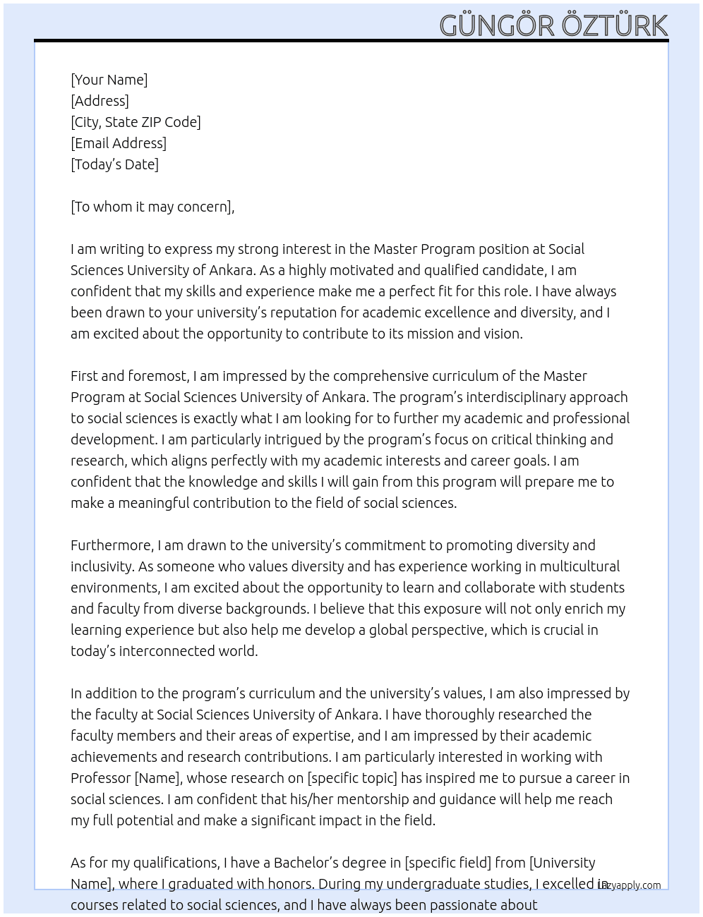 Master Program At Social Sciences University of Ankara Cover Letter