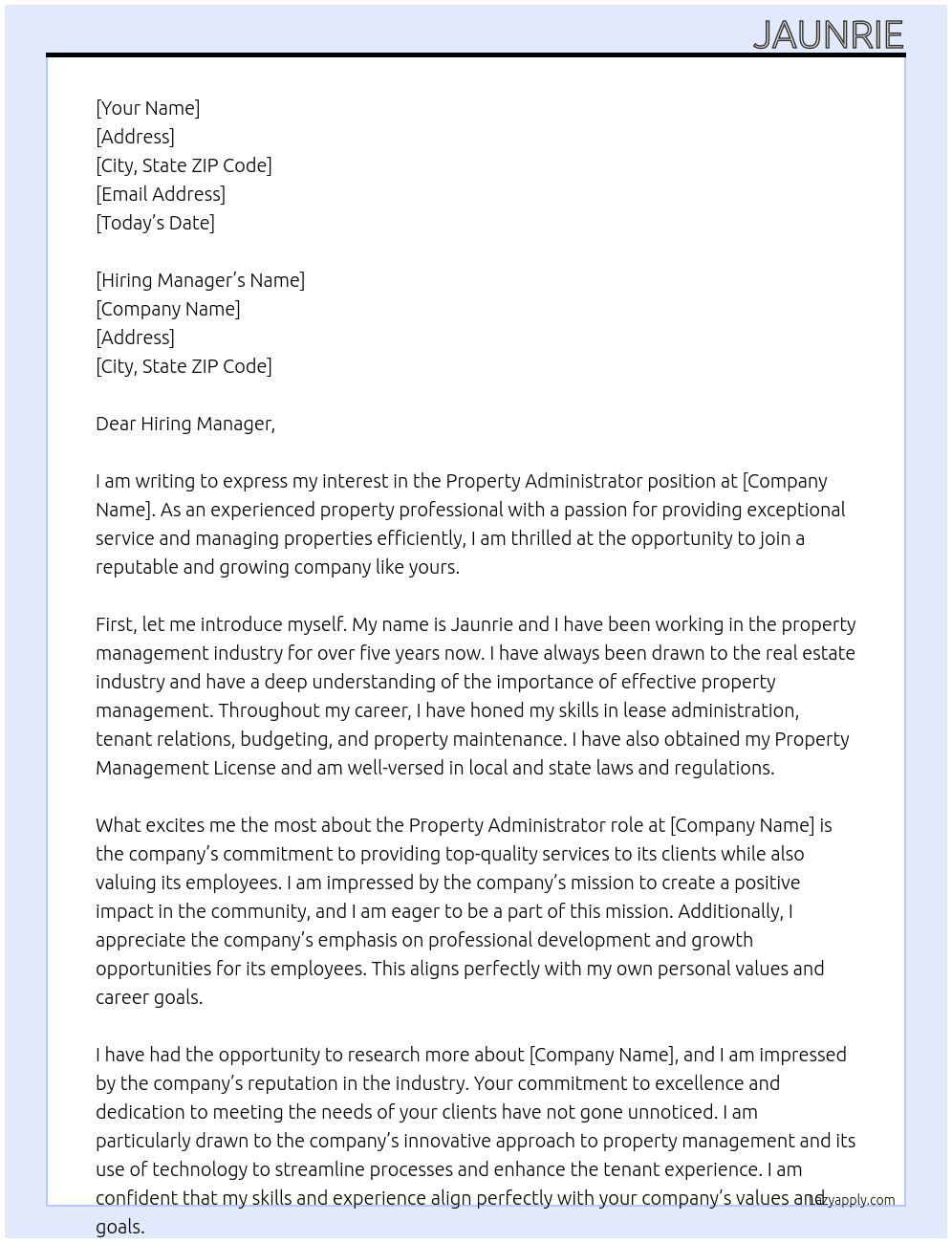 Property Administrator At UK-based Cover Letter