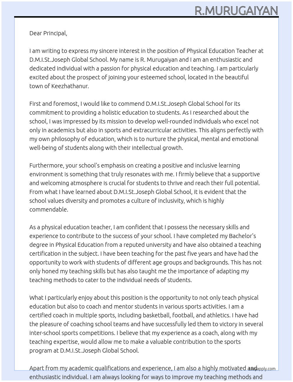 PHYSICAL EDUCATION TEACHER At D.M.I.ST.JOSEPH GLOBAL SCHOOL Cover Letter