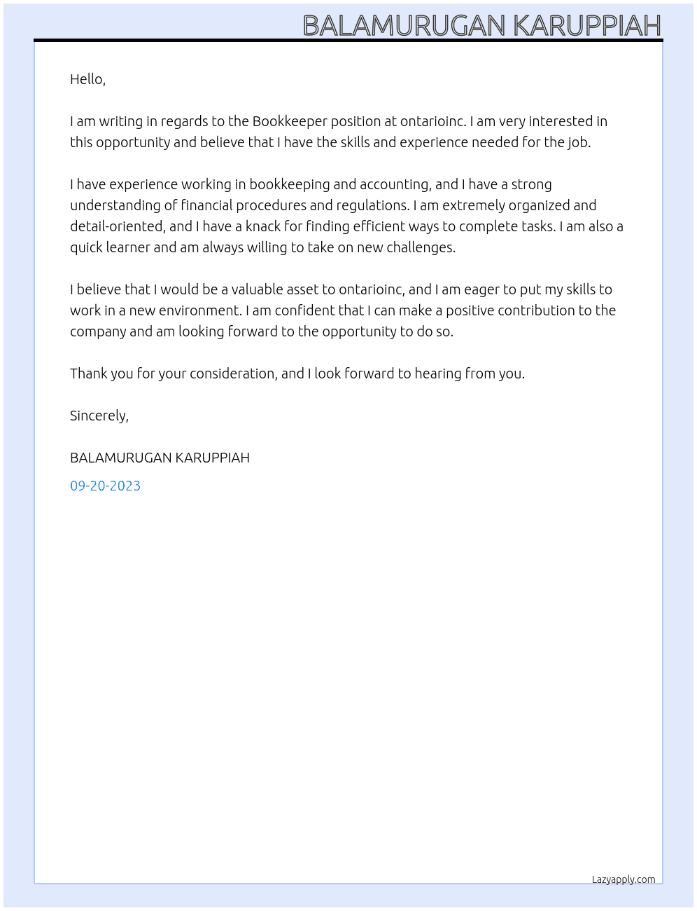 Bookkeeper At ontarioinc Cover Letter