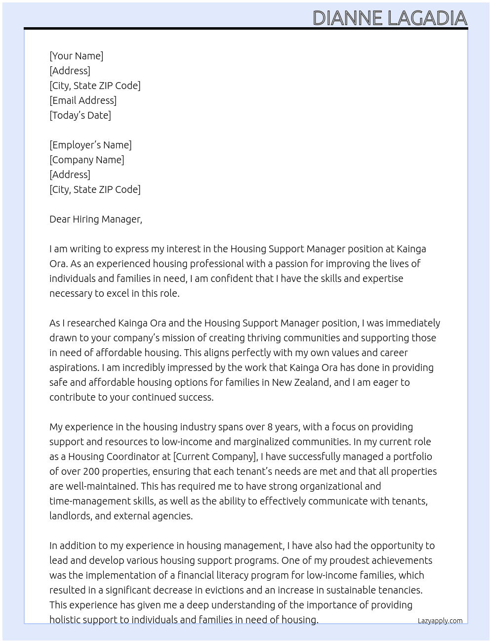 housing support manager At kainga ora Cover Letter