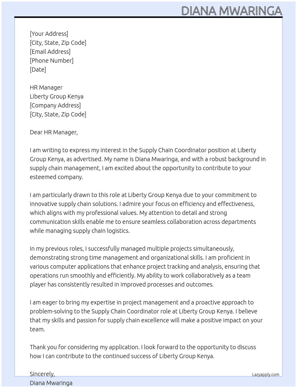 Supply Chain Coordinator At Liberty Group Kenya Cover Letter