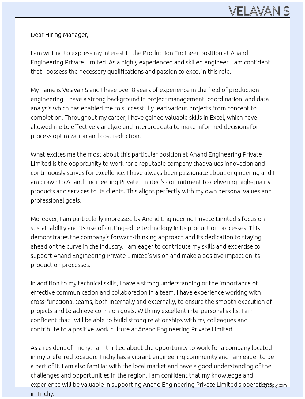 Production Engineer  At Anand engineering private limited  Cover Letter