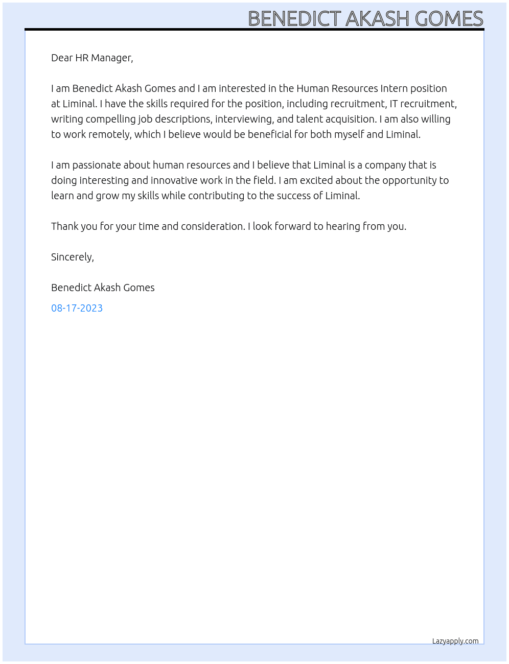 Human Resources Intern At Liminal Cover Letter