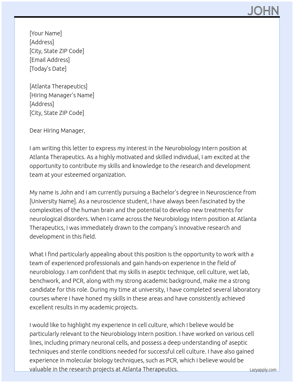 Neurobiology Intern At Atlanta Therapeutics Cover Letter