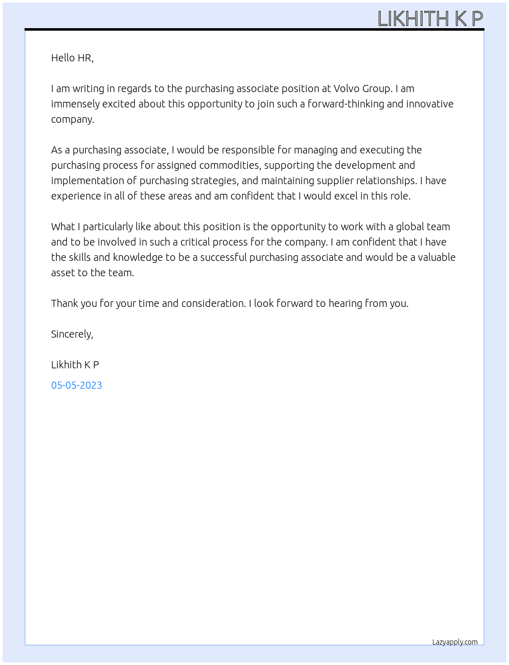 purchasing associate At volvo group Cover Letter