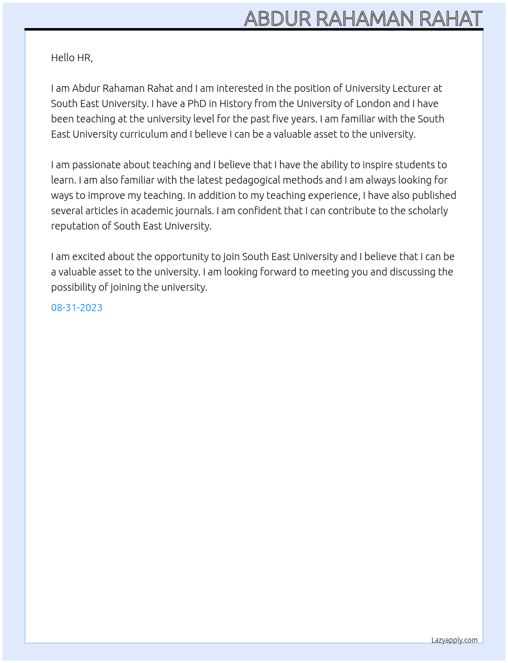 University Lecturer At South East University Cover Letter