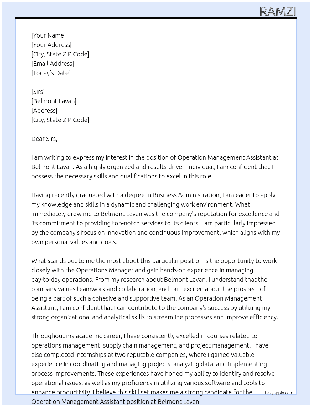 Operation management assistant  At Belmont Lavan Cover Letter