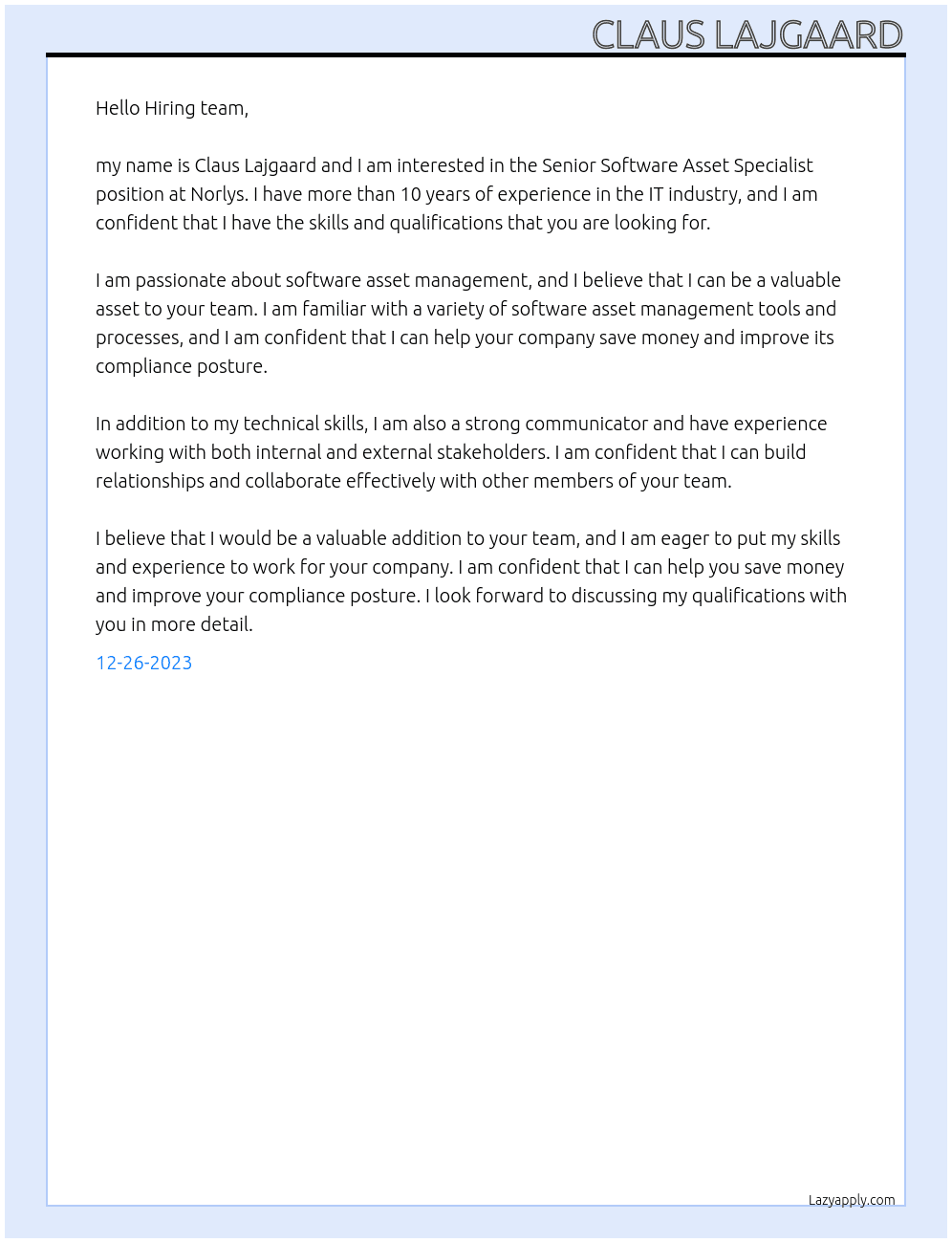 Senior Software Asset Specialist At Norlys Cover Letter