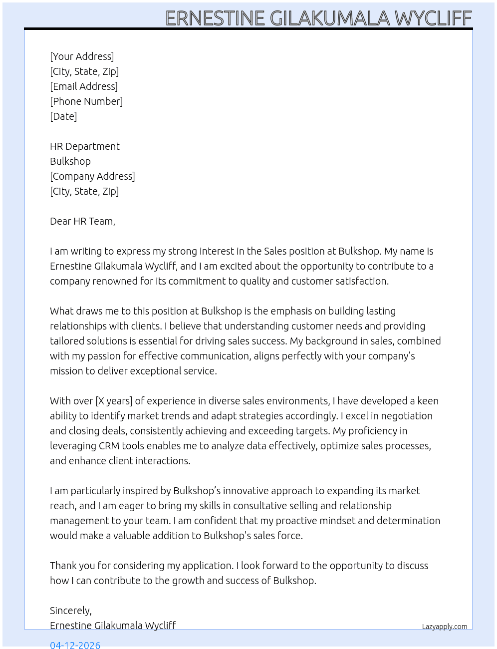 Cover letter for sales - LazyApply