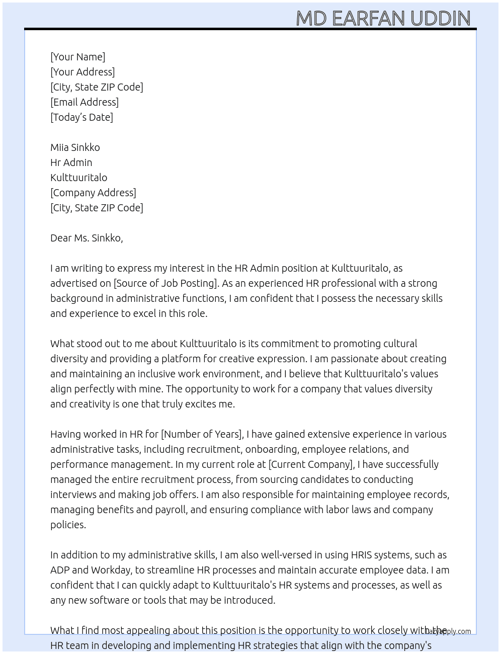 Hr admin At Kulttuuritalo Cover Letter