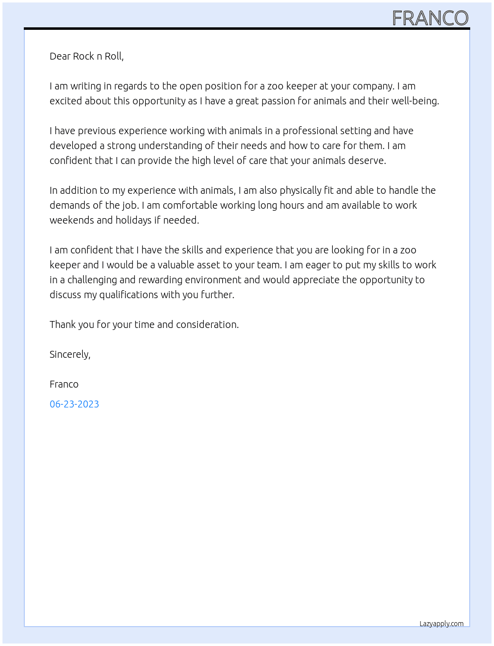 Zoo Keeper At Rock n Roll Cover Letter