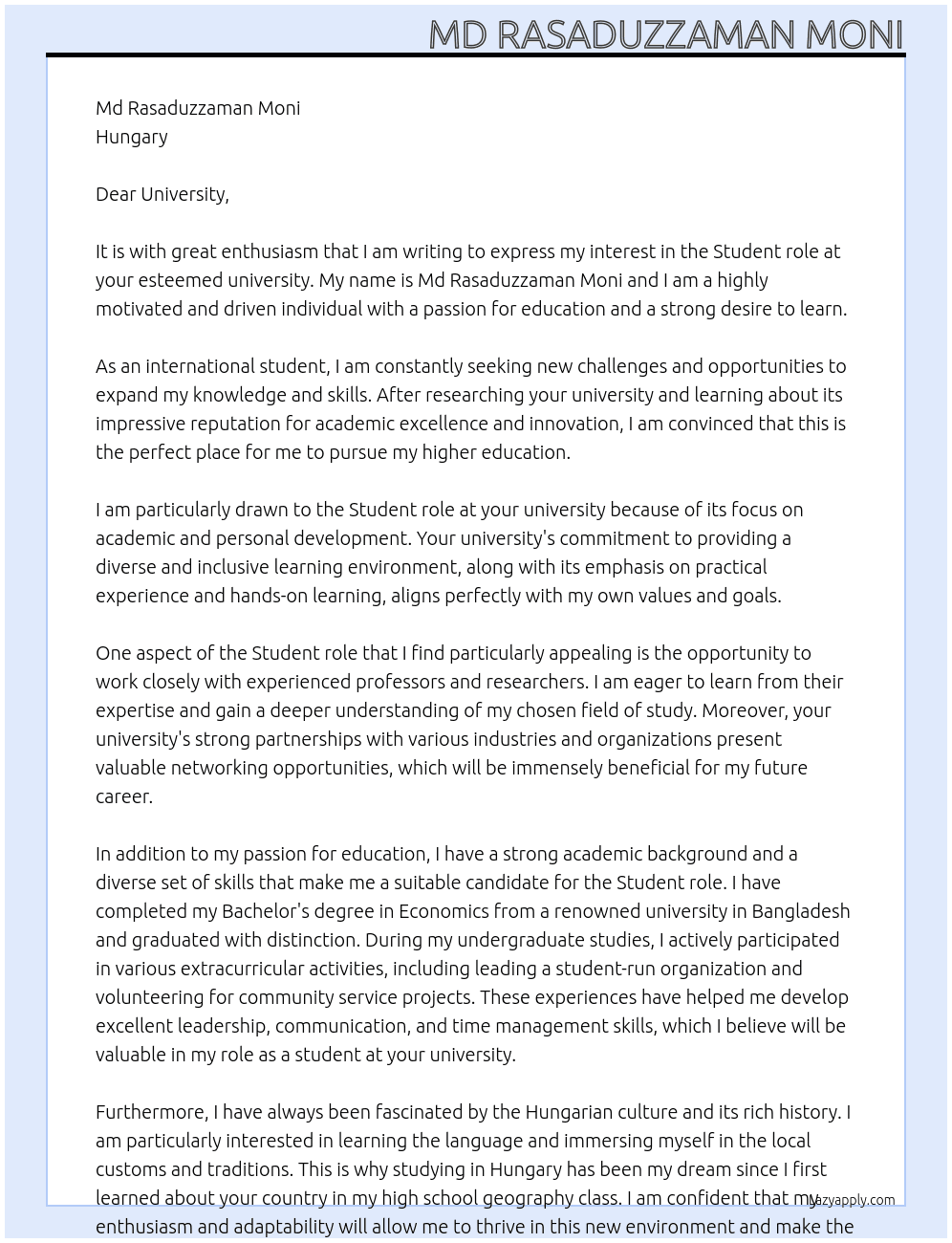 university At university Cover Letter