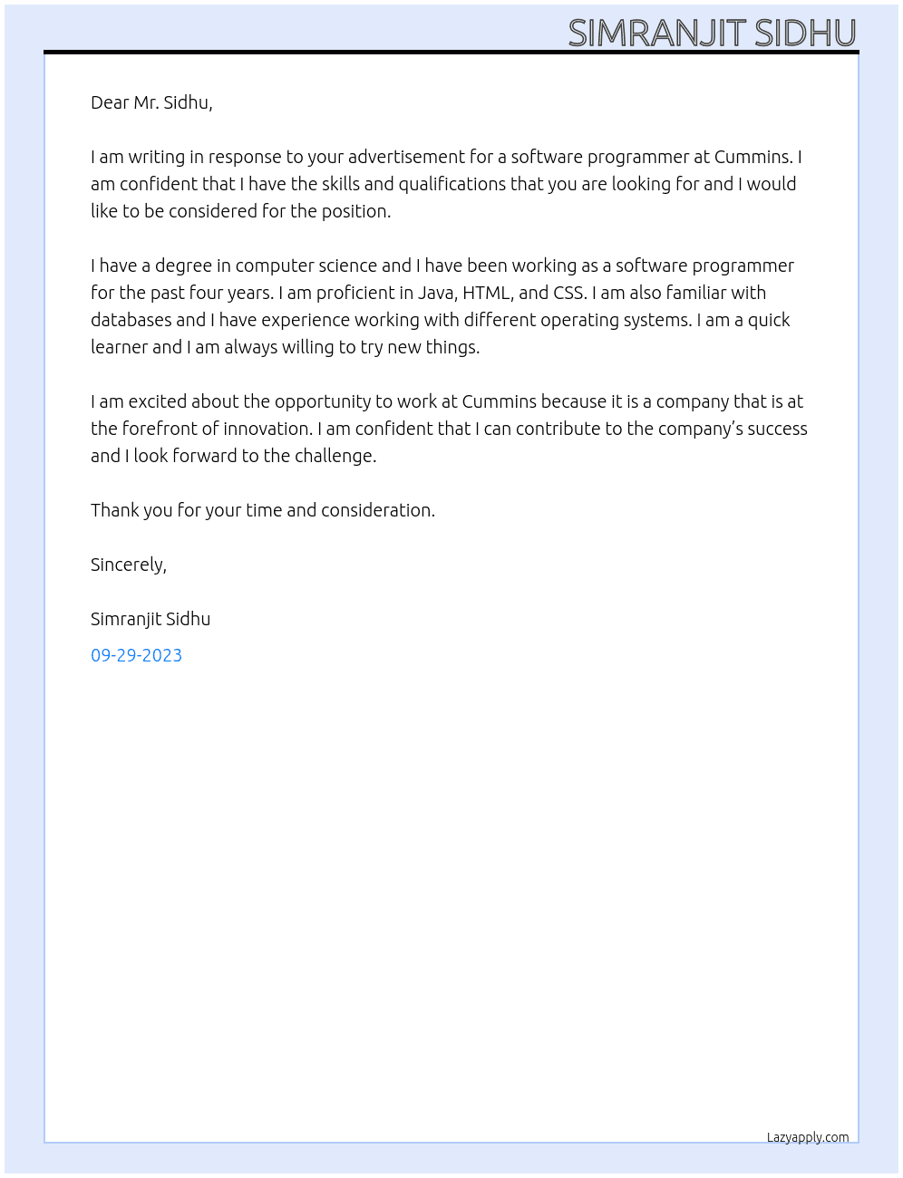 software programmer  At Cummins Cover Letter