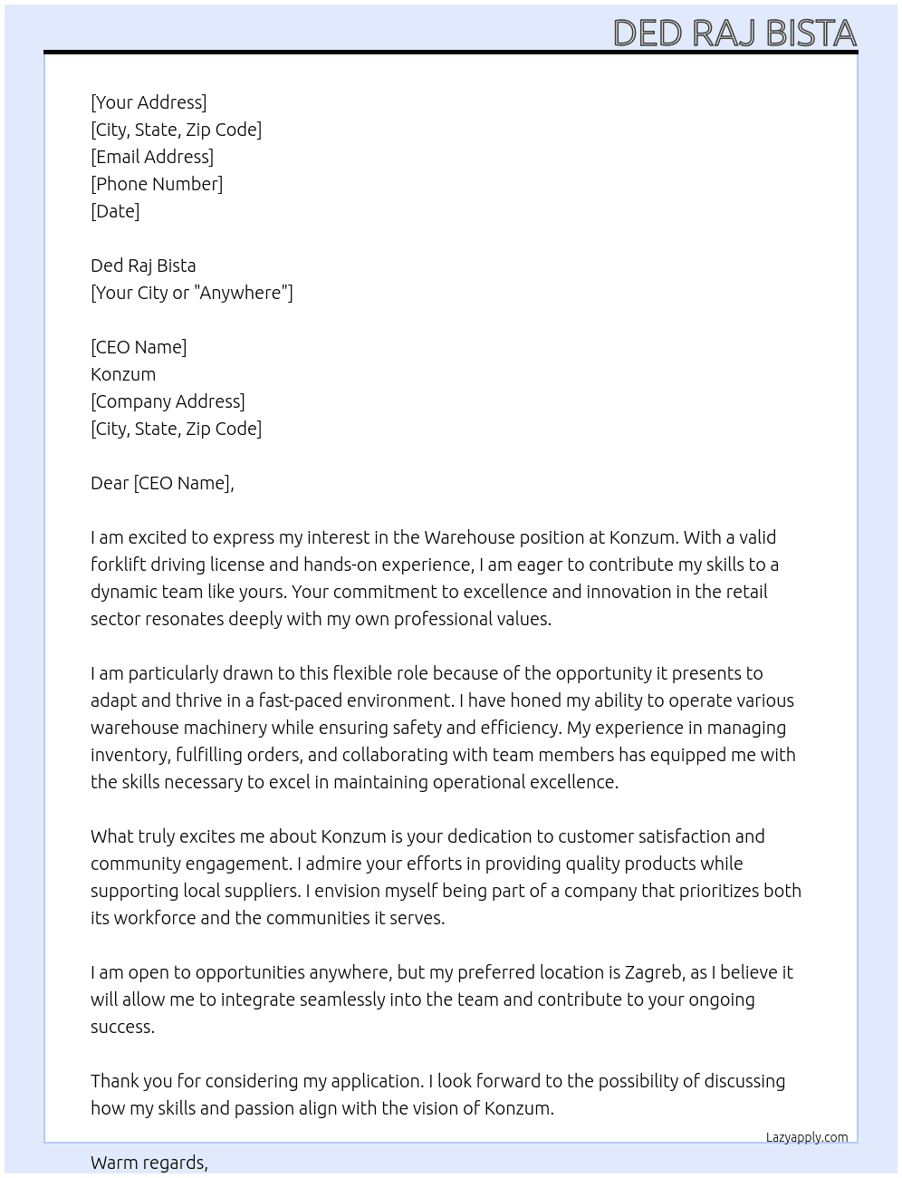 Wairhouse  At Konzum Cover Letter