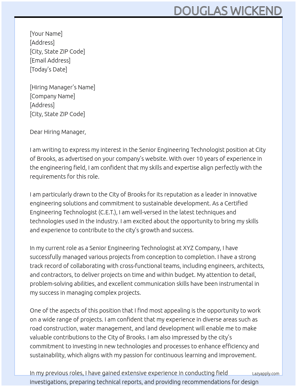 Senior Engineering Technologist At City of Brooks Cover Letter